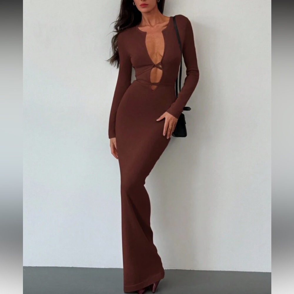 Elegant Brown Long Sleeve Dress